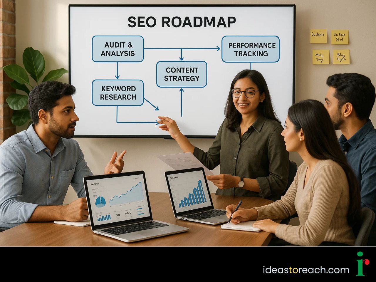 Infographic showing a five-step SEO roadmap with icons for audit, research, goals, execution, and measurement symbolising growth.