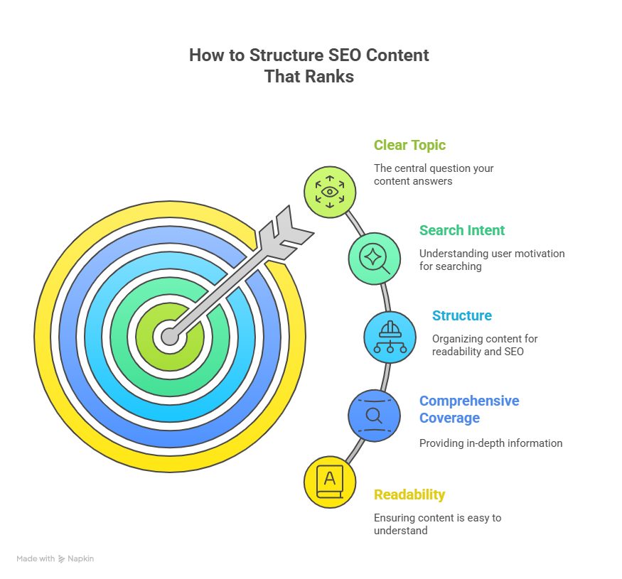 Illustration of a target with an arrow hitting the center, surrounded by five labeled segments representing key SEO content elements: clear topic, search intent, structure, comprehensive coverage, and readability.