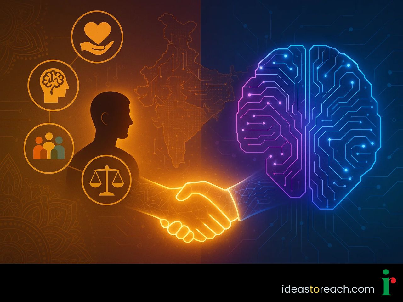 Conceptual image of human brain waves and an AI network joined by a luminous bridge, representing trust and responsible AI.