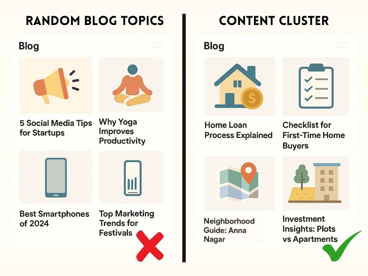 Blog grid comparison of random topics vs organized real estate guides, showing focused content clusters.