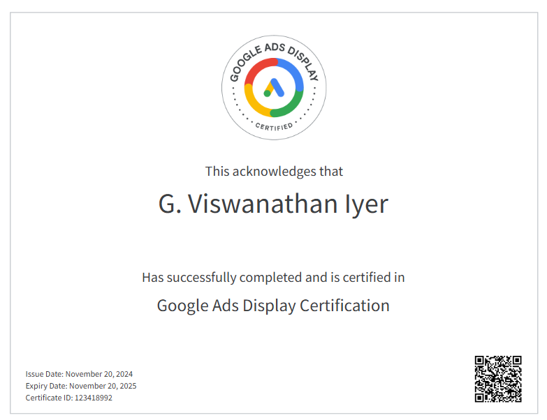 Google Ads Display certificate awarded to top Google partner in Chennai and Top SEO Expert in Chennai G Viswanathan
