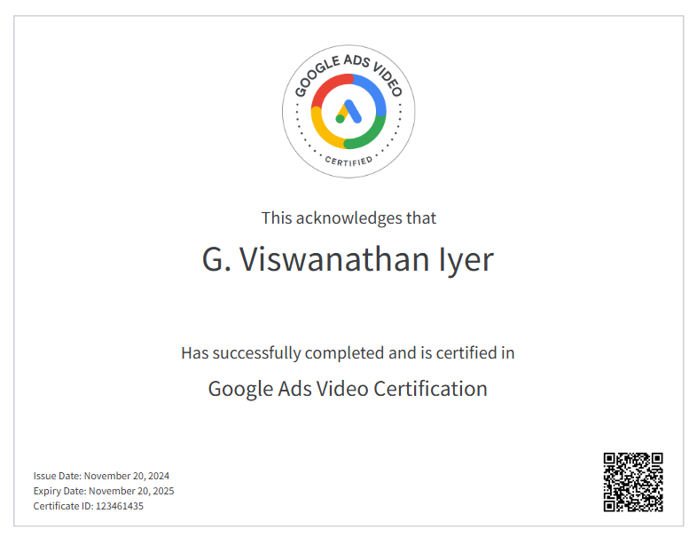 Google Ads Search certificate awarded to top Google partner in Chennai and Top SEO Expert in Chennai G Viswanathan