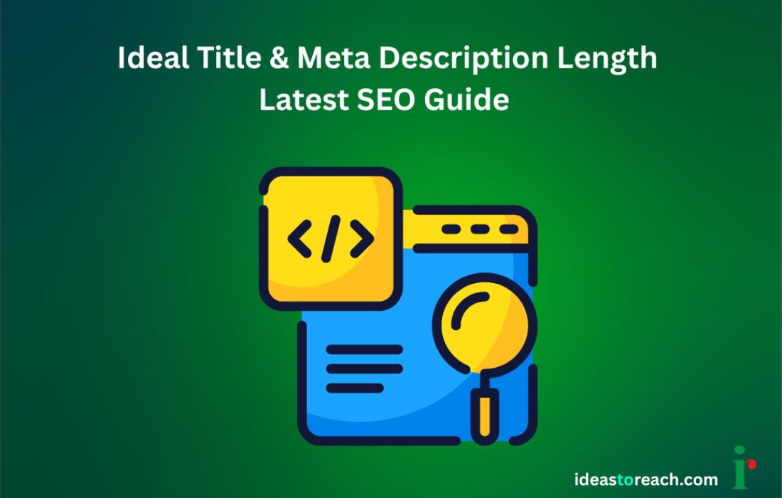 Illustration showing ideal title and meta description length for SEO, with code and search icons on a green background