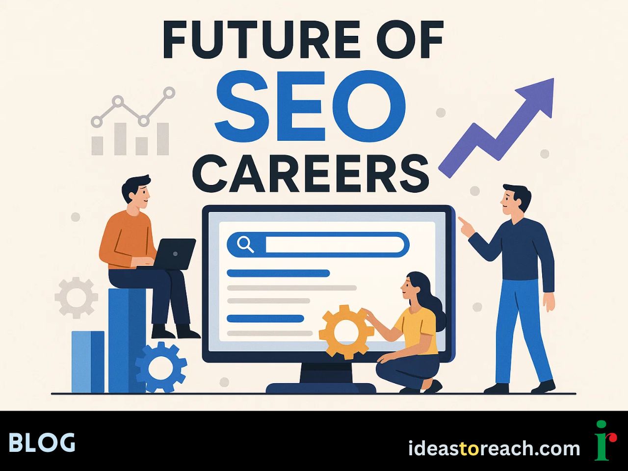 Realistic digital workspace showing SEO professionals analyzing AI-driven analytics, charts, and search trends for 2026 careers.