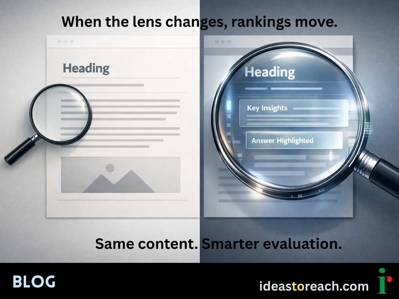 Visual showing Google core update concept with same content seen through basic and advanced evaluation lenses.