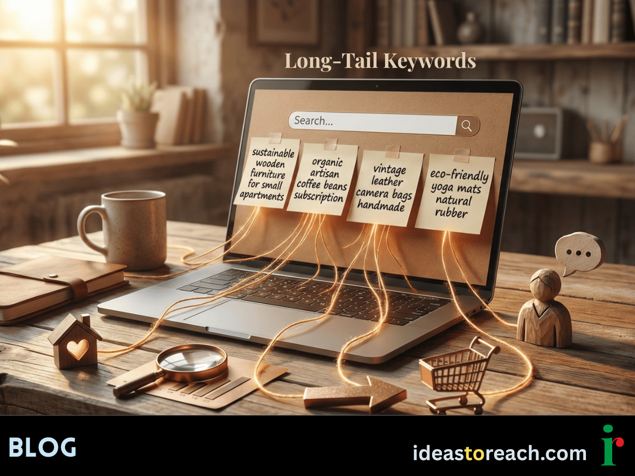 Laptop showing SEO analytics, long-tail keywords, and charts with a unique theme representing targeted traffic.