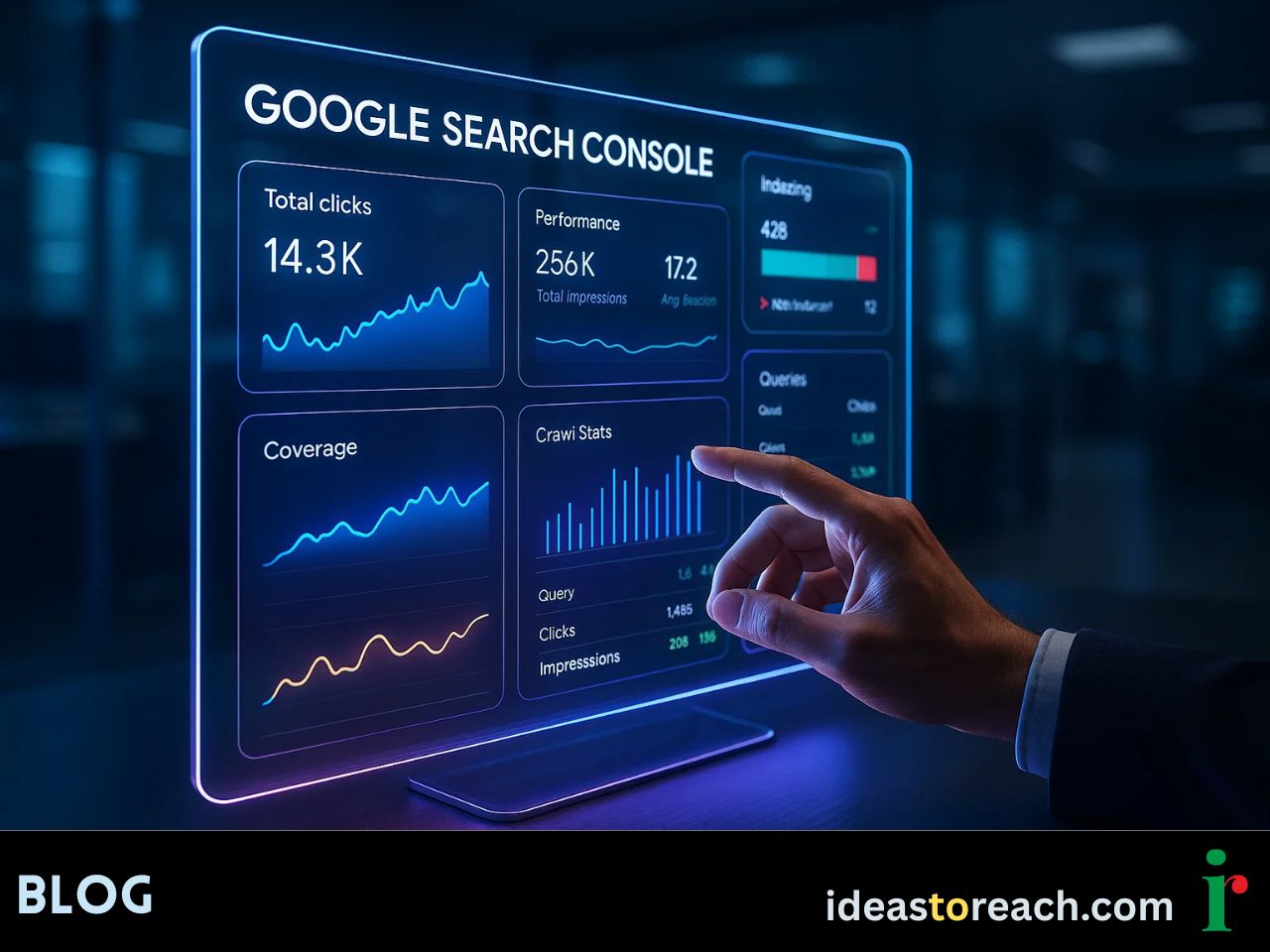 Holographic Google Search Console dashboard with glowing SEO charts and a marketer interacting in a modern tech workspace.