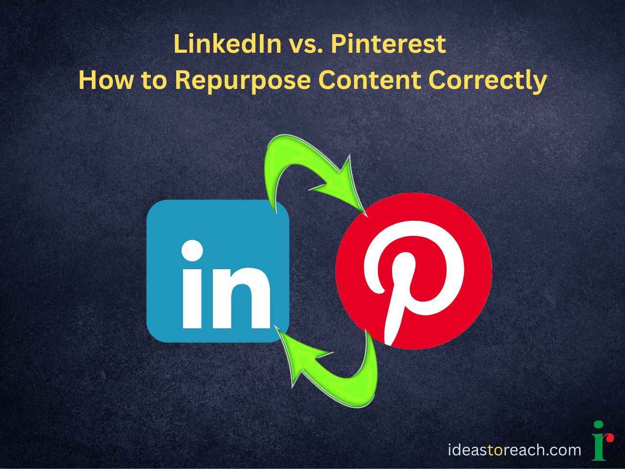 LinkedIn and Pinterest connected by green arrows, showing how Ideas to Reach repurposes content the right way