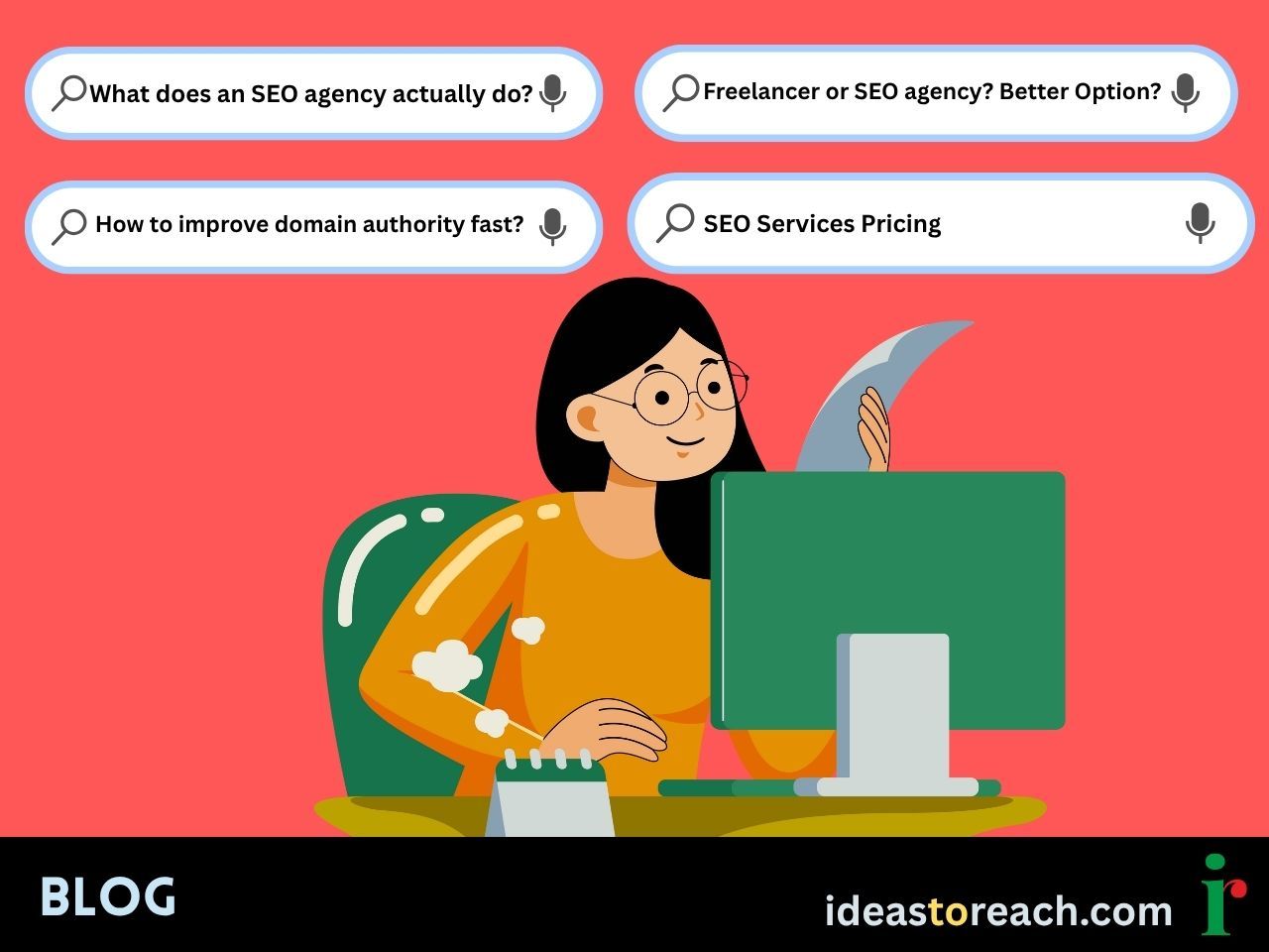 Illustration of a woman at a computer with search queries like “SEO agency services” and “Domain authority tips,” showing a typical search sequence before hiring an SEO agency.
