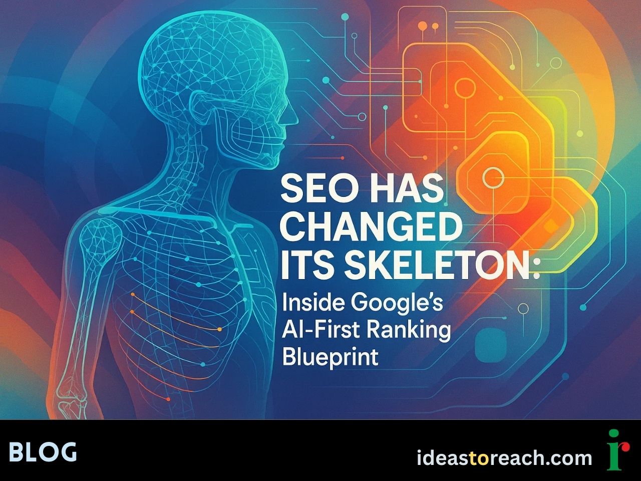 Abstract data skeleton transforming into AI systems, symbolising Google’s AI-first SEO structure and modern ranking blueprint.