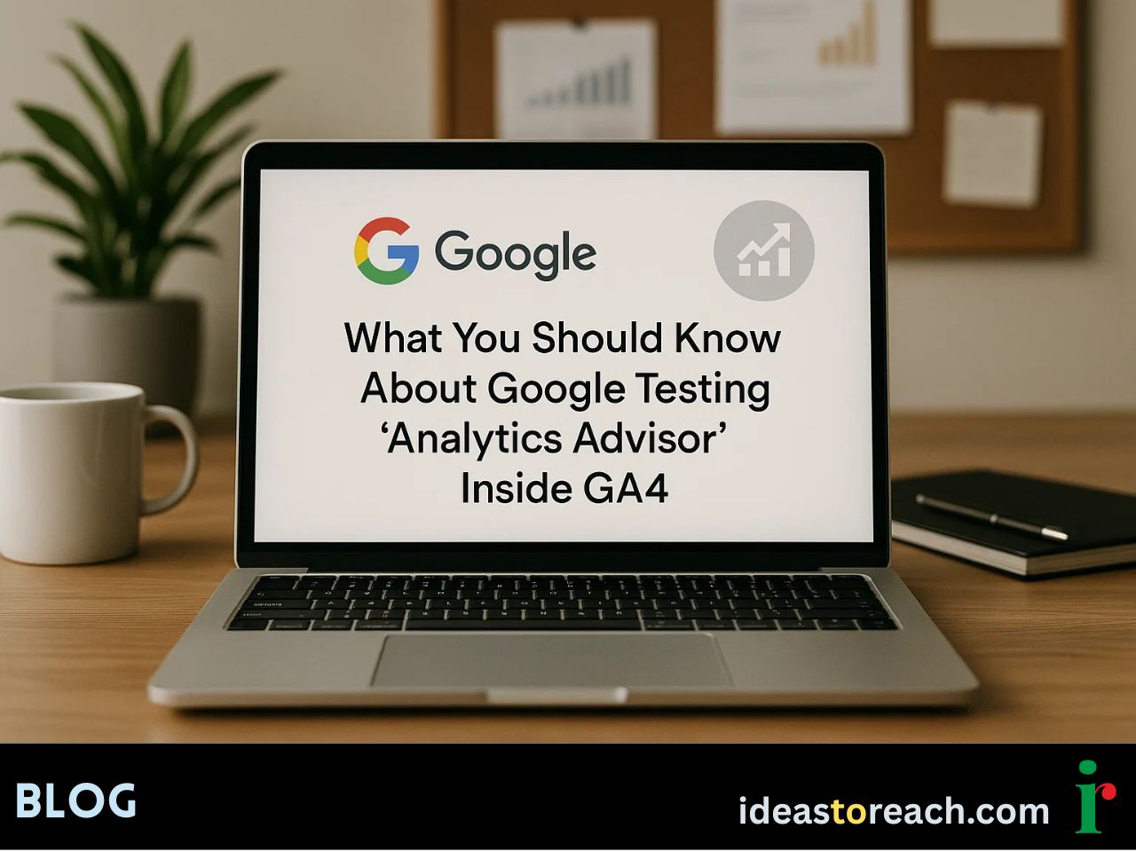 A laptop screen showing Google’s logo with GA4 Analytics Advisor feature and headline on testing new AI insights.