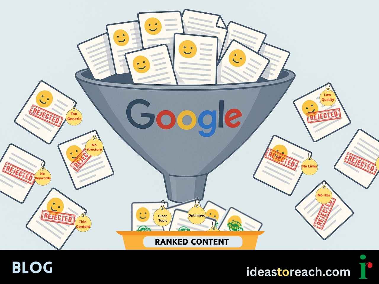 Google funnel filtering blog content, only SEO-optimized posts with clear structure and intent go into the Ranked Content basket.