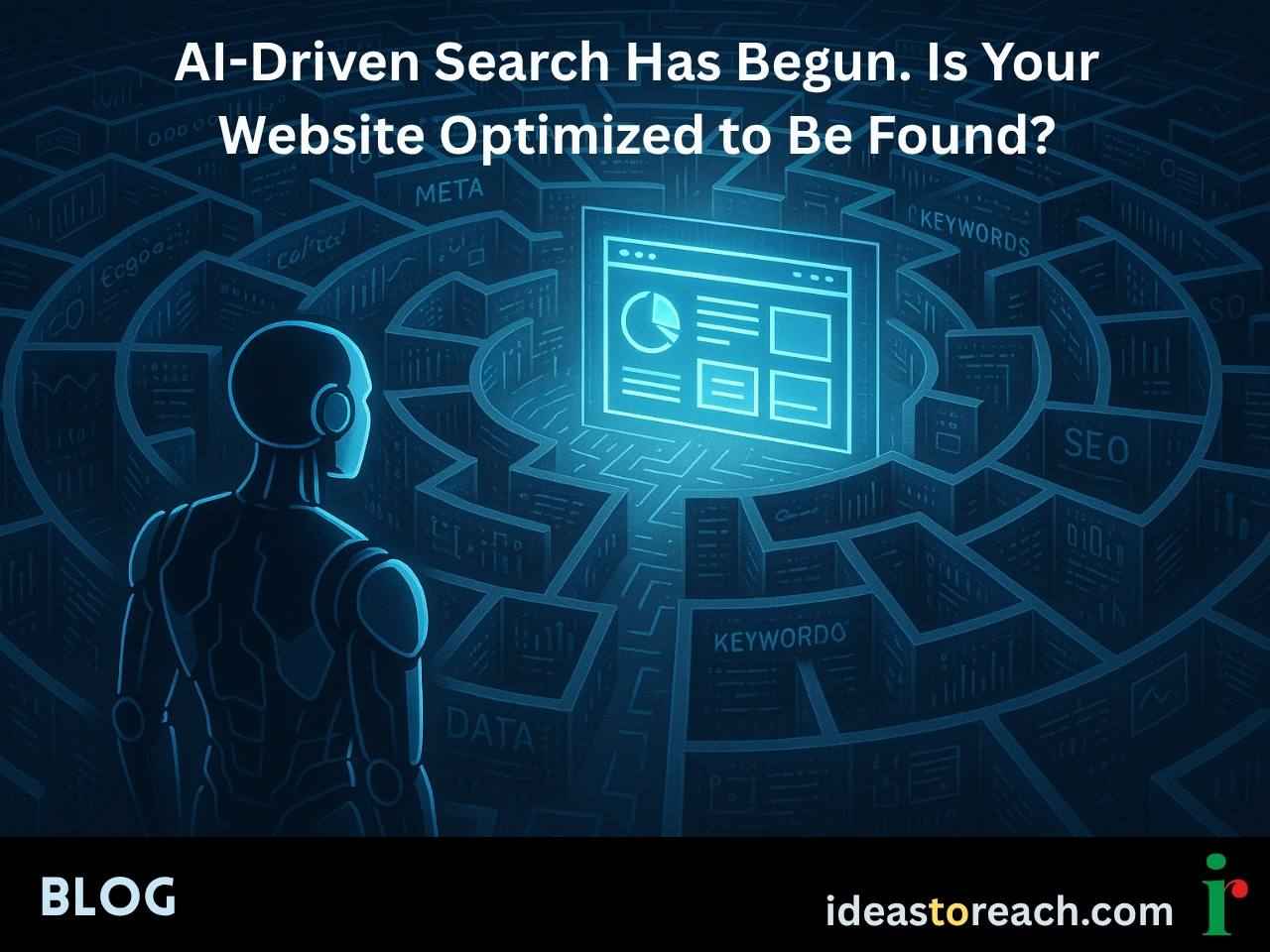 AI navigating a digital maze of SEO terms toward an optimized website — symbolizing AI-driven search and SEO visibility.
