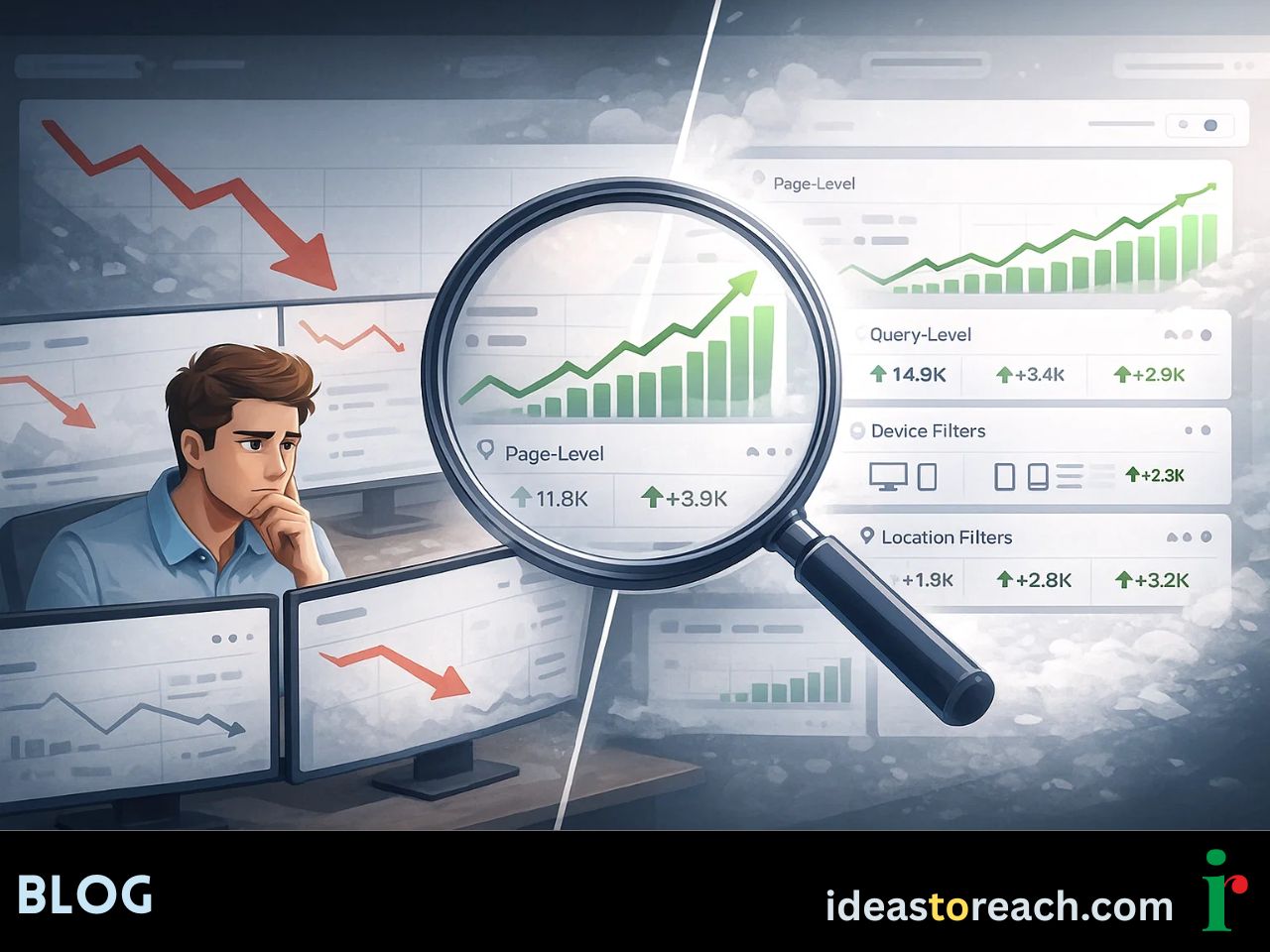 Analytics dashboard showing traffic drop, with hidden segmented data revealing stable organic performance and clearer SEO insights.